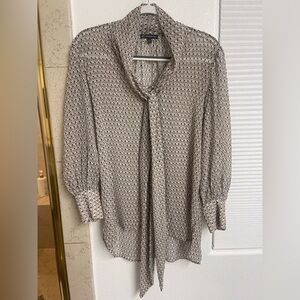 Adrianna Papell Pale Pink, White and Black Geometric Tie-Neck Sheer Blouse